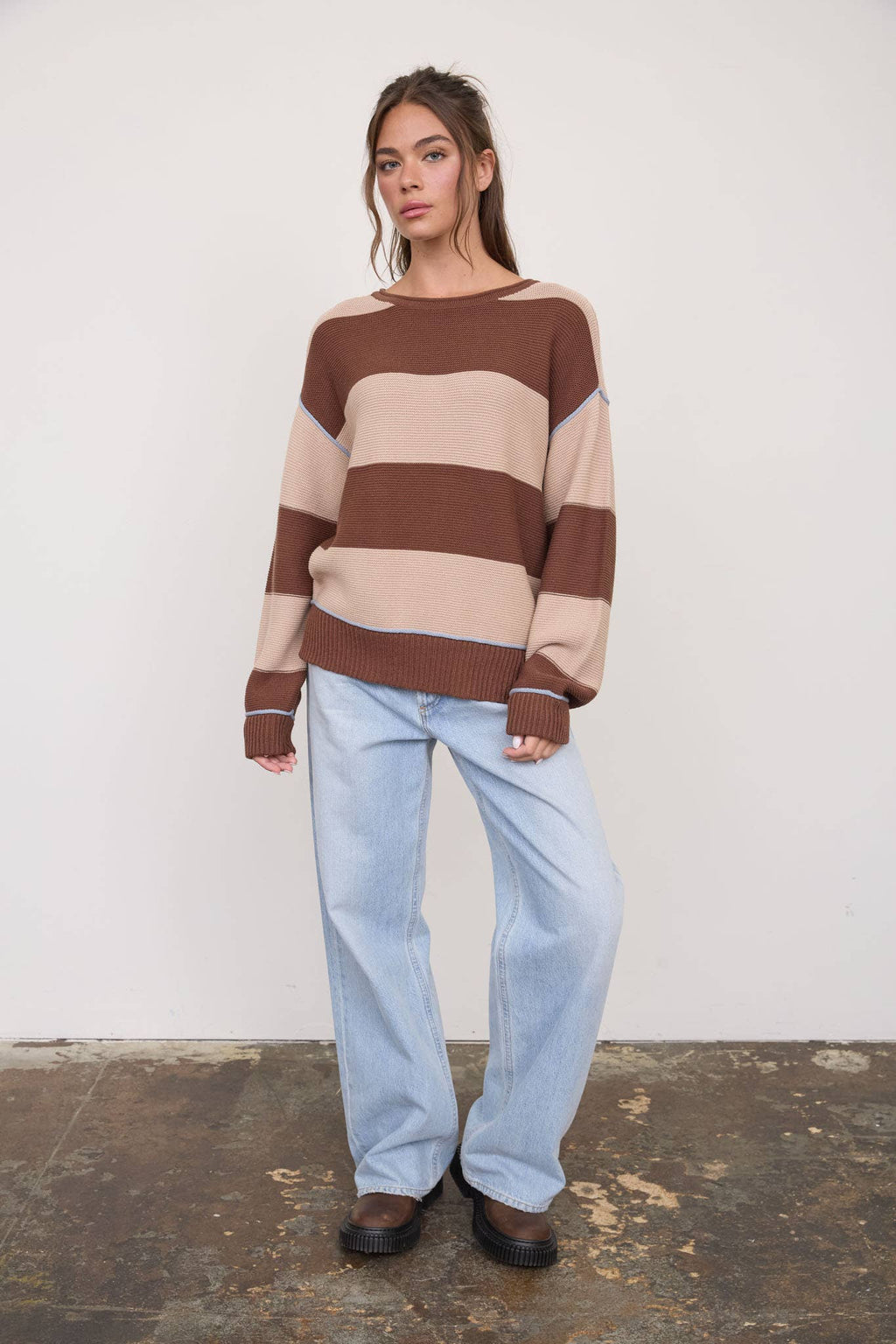 WIDE STRIPE TEXTURED KNIT CONTRAST KNIT CARDIGAN