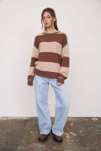 WIDE STRIPE TEXTURED KNIT CONTRAST KNIT CARDIGAN