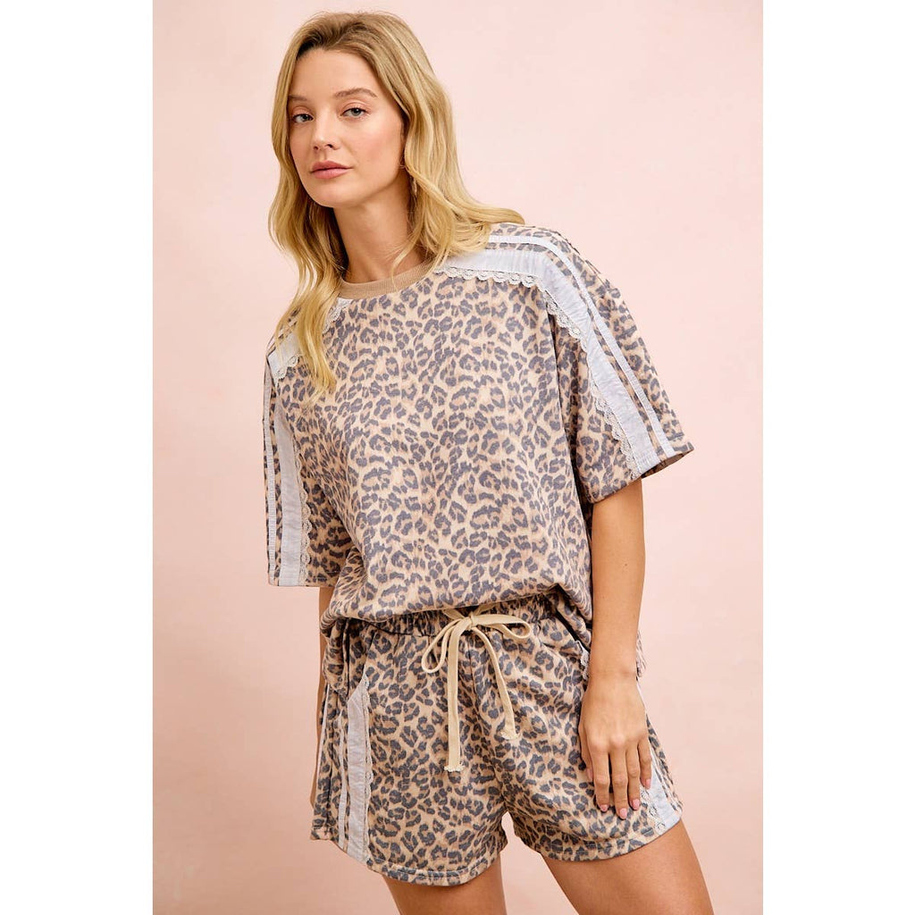 LEOPARD TERRY SIDE DRAWSTRING SHORTS WITH SIDE POCKET