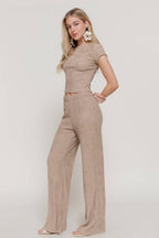 Short Sleeve Crew Neck Top & Waist Band Flare Pants Set