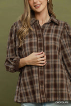 Plaid Button Front Puff Sleeve Blouse