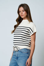 STRIPE MOCK NECK SHORT SLEEVE KNIT SWEATER