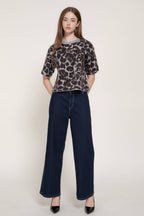 Short Sleeve Round Neck Leopard Jacquard Sweater Top