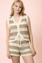 Multi Color Stripe Knit Sweater Top N Shorts Set