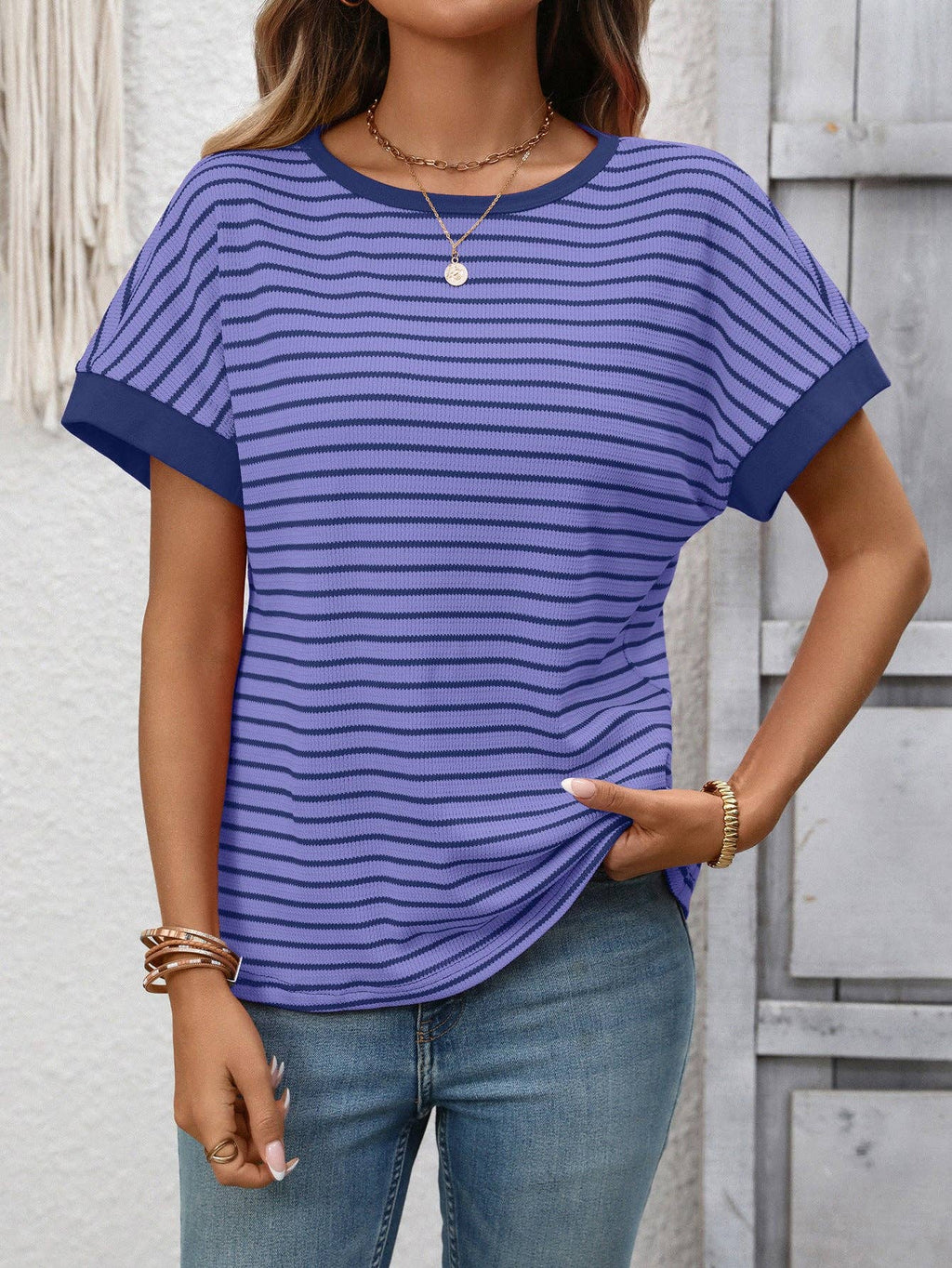 Striped Knit Tee Casual Oversized Boutique T Shirt