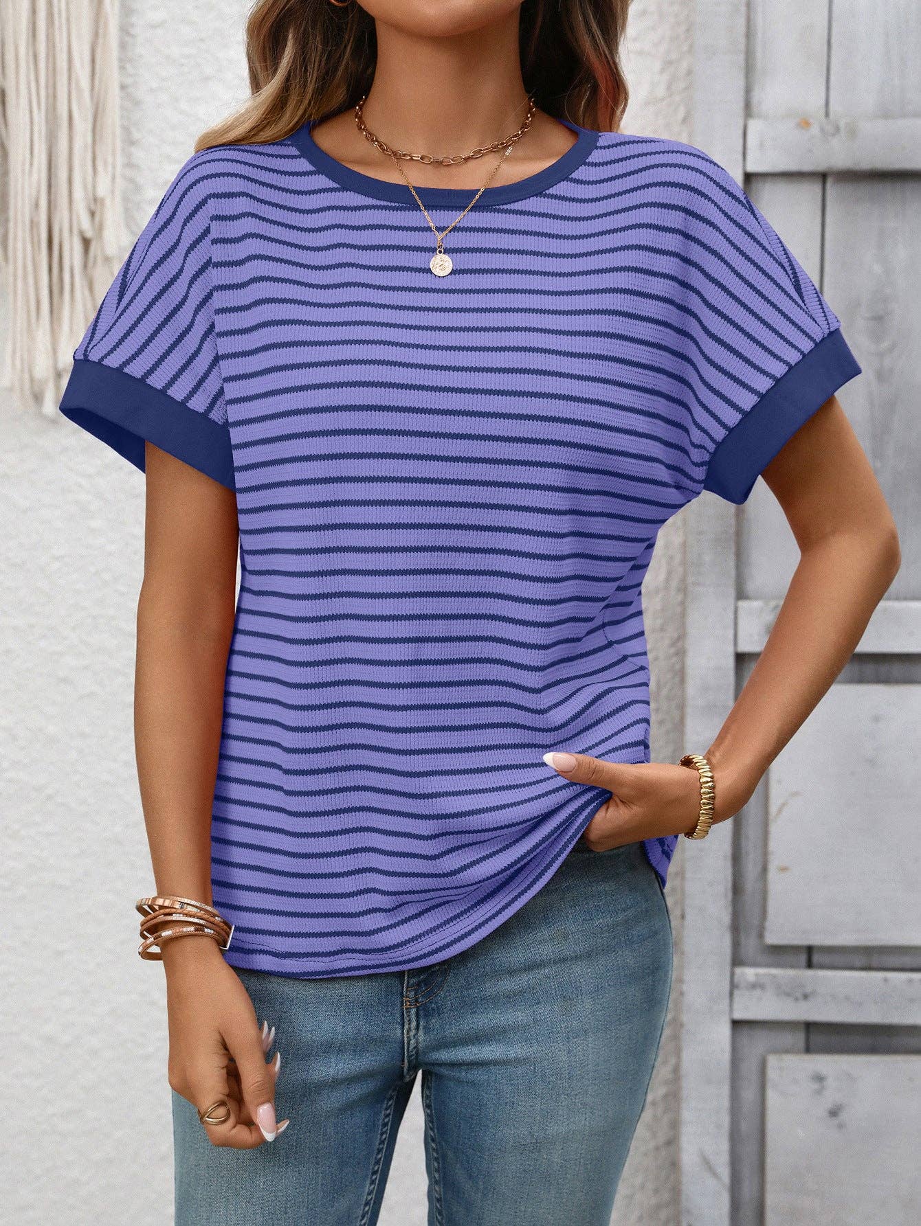 Striped Knit Tee Casual Oversized Boutique T Shirt