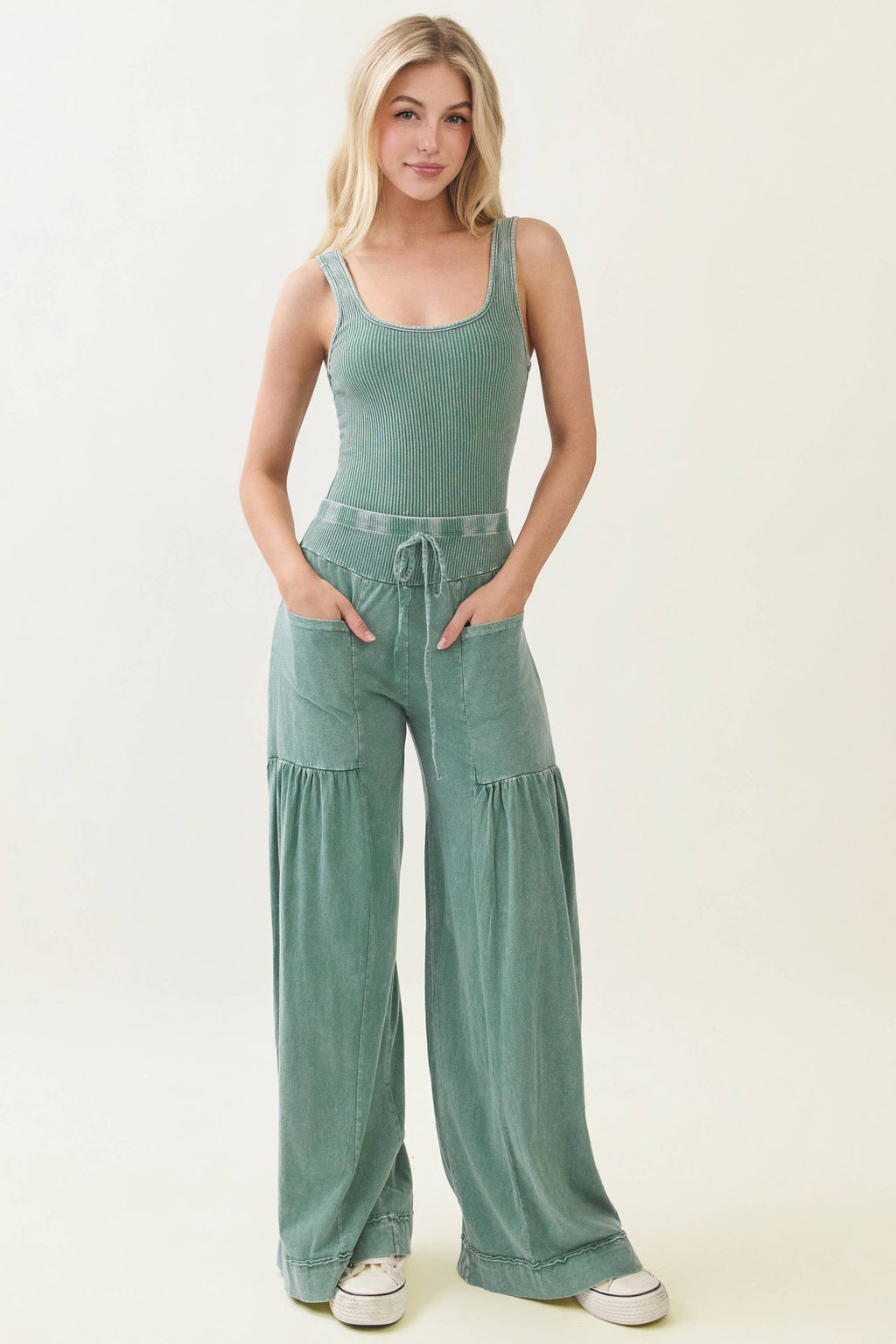 Mineral Washed Boho waist band wideleg cropped pants HP5900