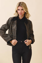 CJ6719-Leopard Print Contrast Corduroy Detail Jacket