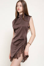 Sleeveless High Neck Satin Mini Dress with Lace Hem Detail