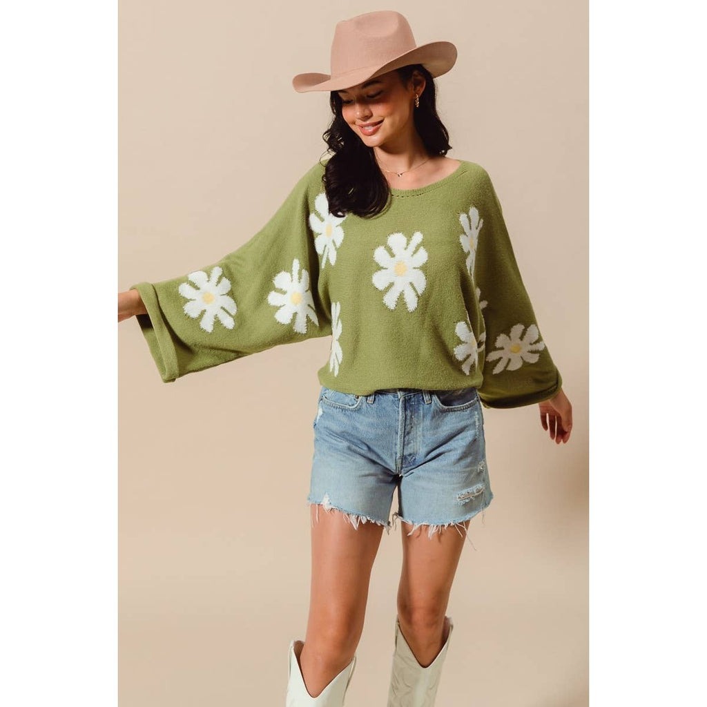 DAISY FLORAL PATTERN KNITTED SWEATER TOP