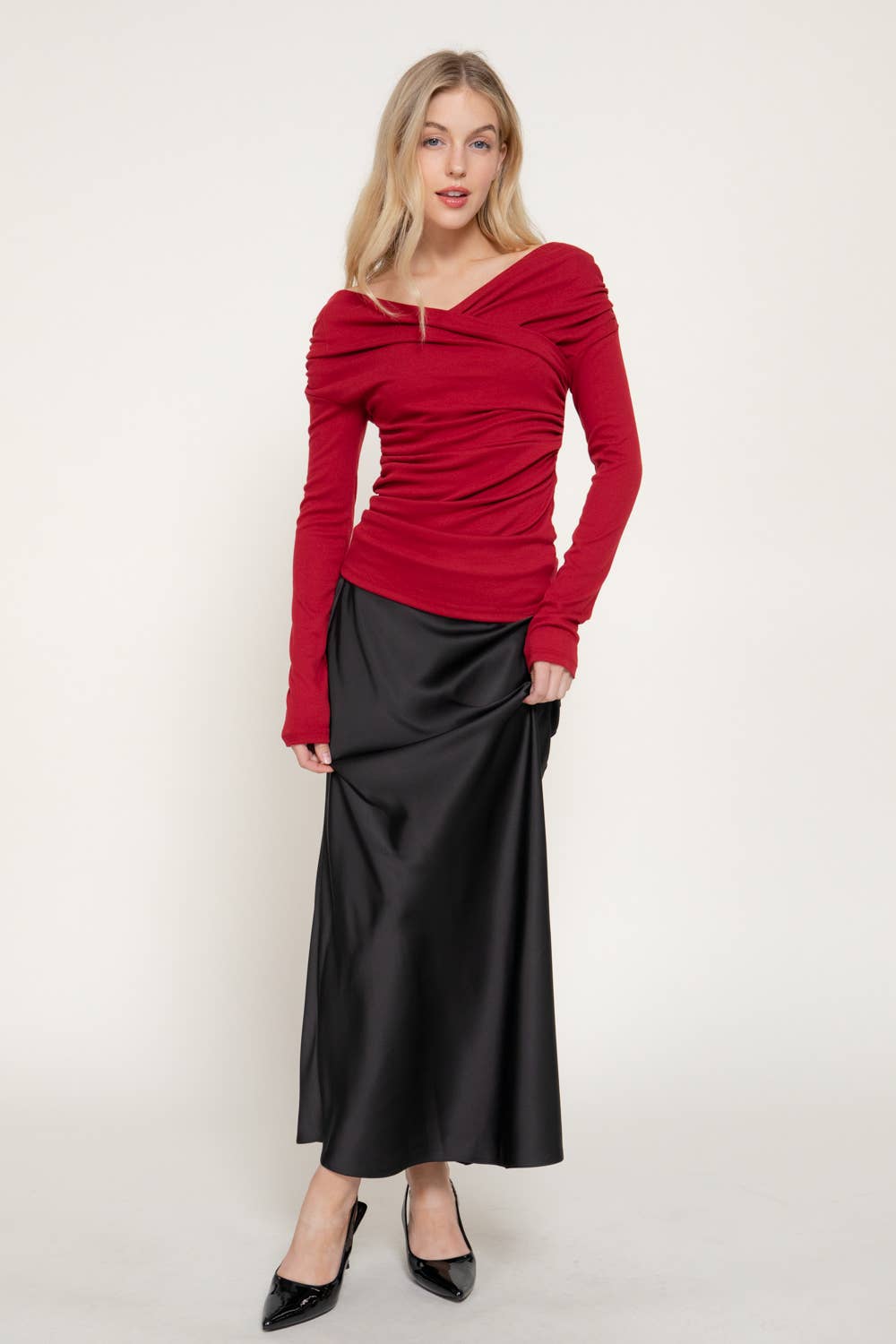 Long Sleeve Wrap Neckline Draped Detail Straight Knit Top