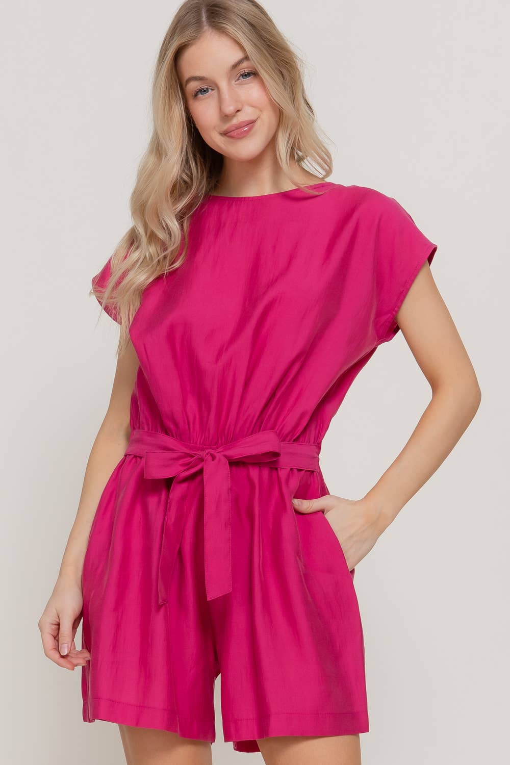 Short Sleeve Back Button Closure Detail Woven Romper