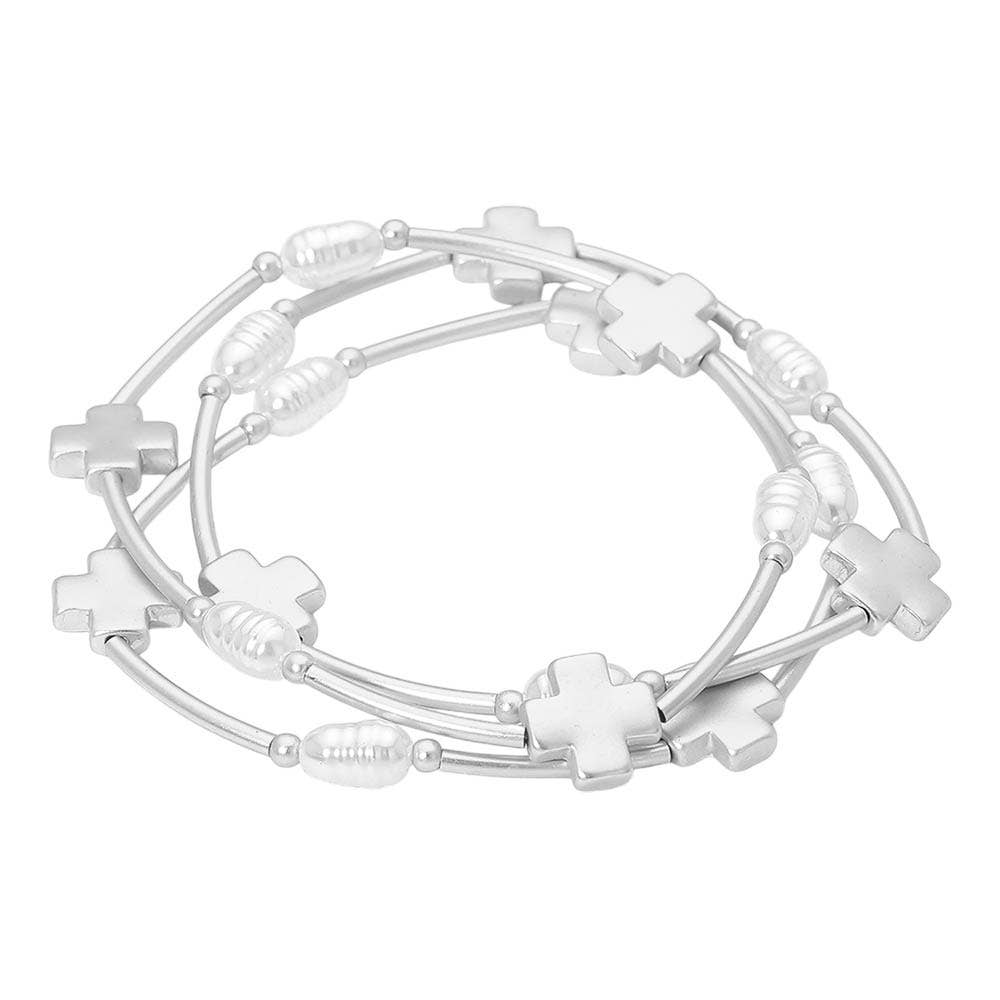 3PCS - Cross Charm Pearl Beaded Stretch Multi Layered Bracelets