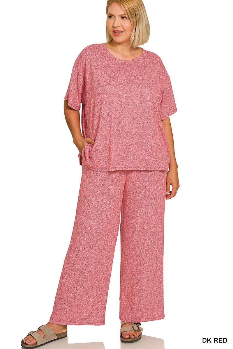 Plus Soft Melange Short Sleeve Tee & Long Pants Set - Zenana