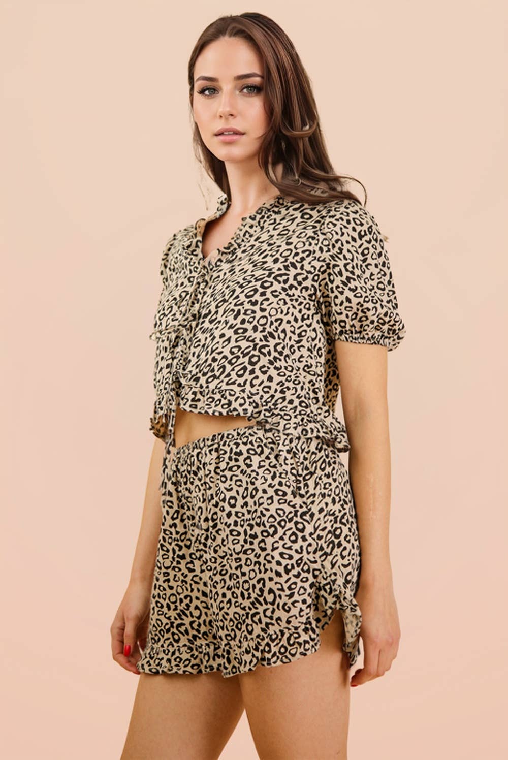 NT12066SET-Leopard Printed Woven Top & Shorts Set