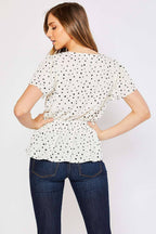POLKA DOT PEPLUM SHORT SLEEVE BLOUSE