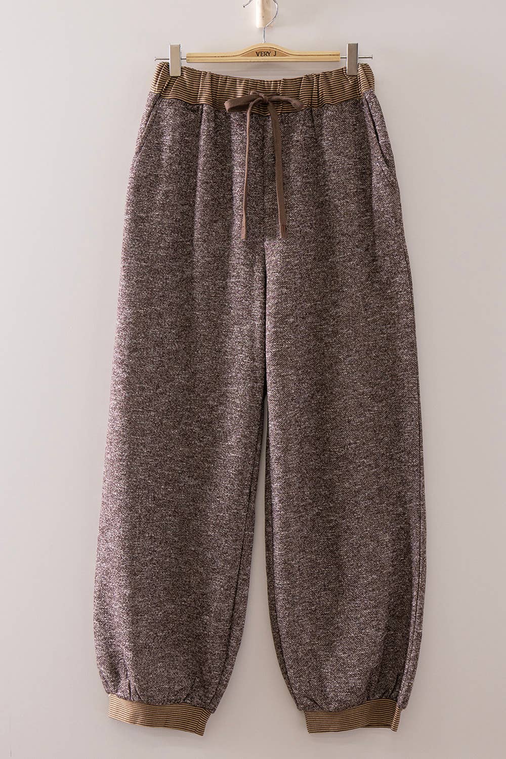 NT12845SET-Contrast Rib Trim Heathered Knit Lounge Set