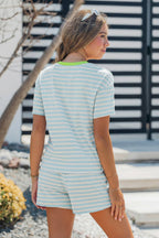 Contrast Neck Loose Tee and Drawstring Shorts Set