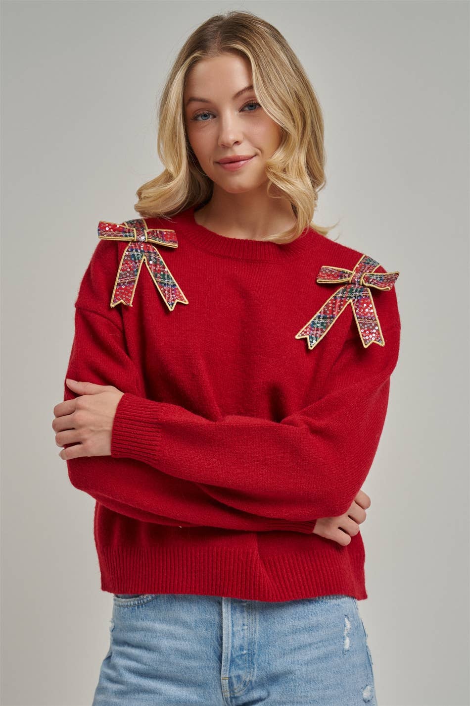 CHRISTMAS HOLIDAY SWEATER TOP WITH BOW APPLIQUES_JLT00420-01