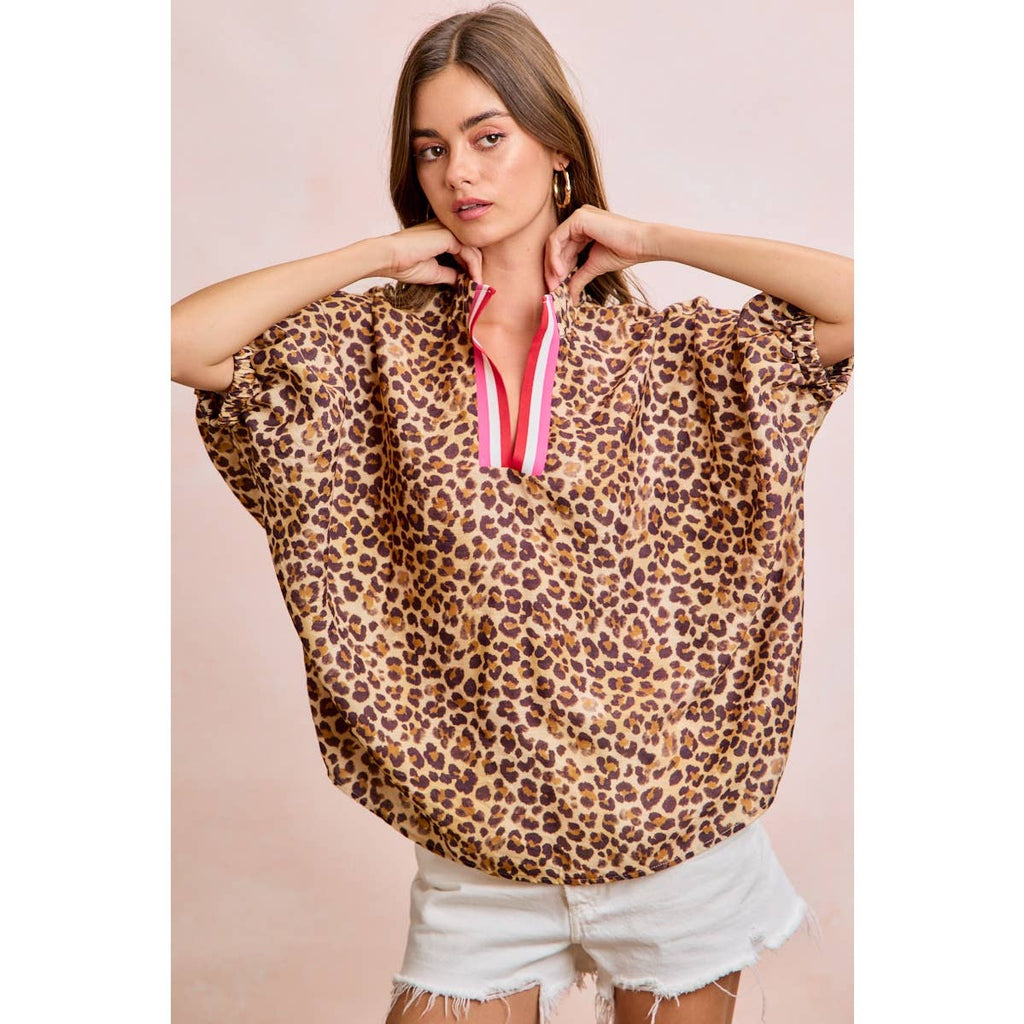 LEOPARD CONTRAST BANDED DOLMAN SLEEVES BLOUSE TOP