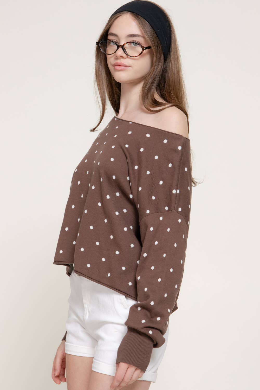 Long Sleeve Asymmetrical Off The Shoulder Dot Sweater Top