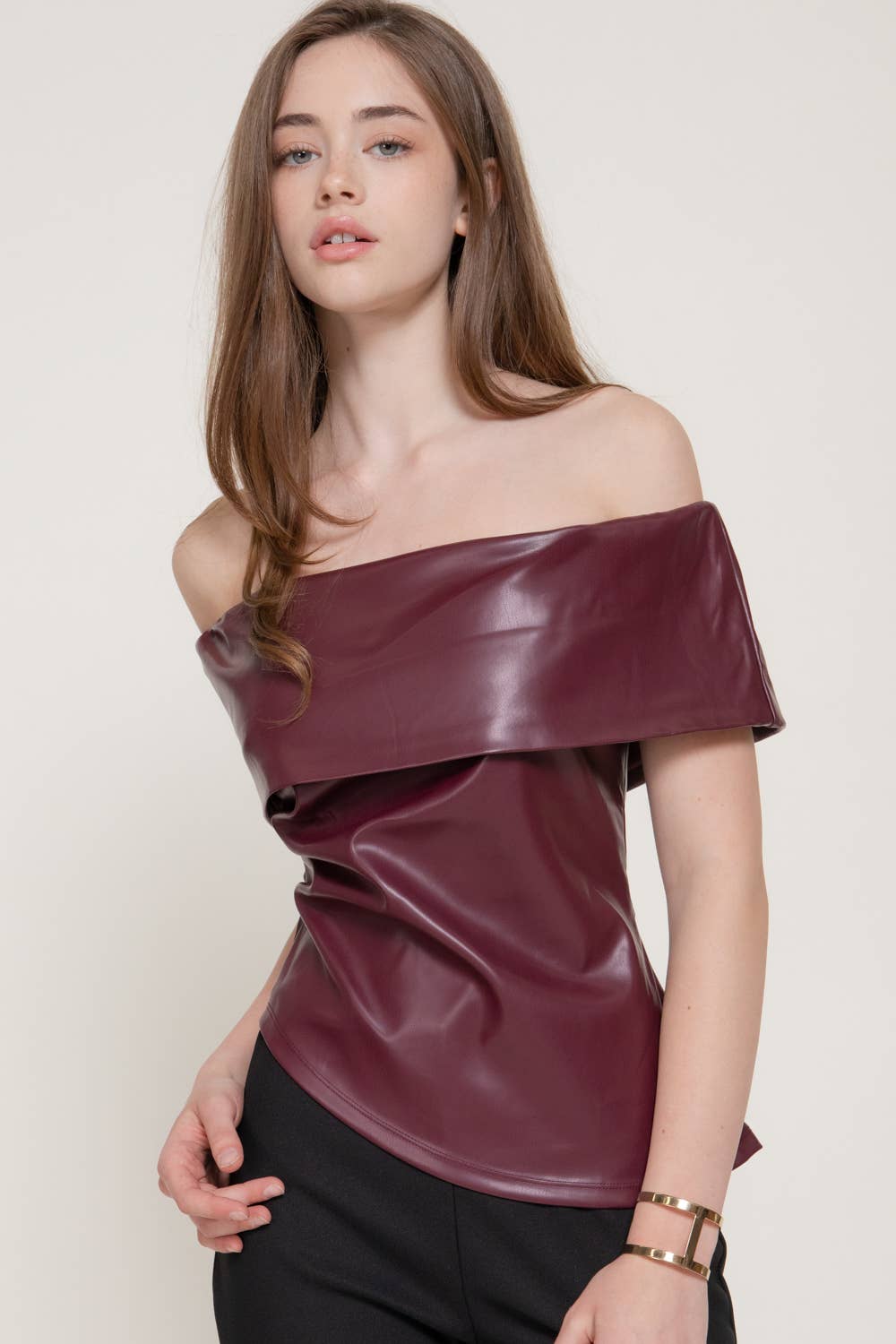 Off Shoulder Assymetrical Hem Faux Leather Top