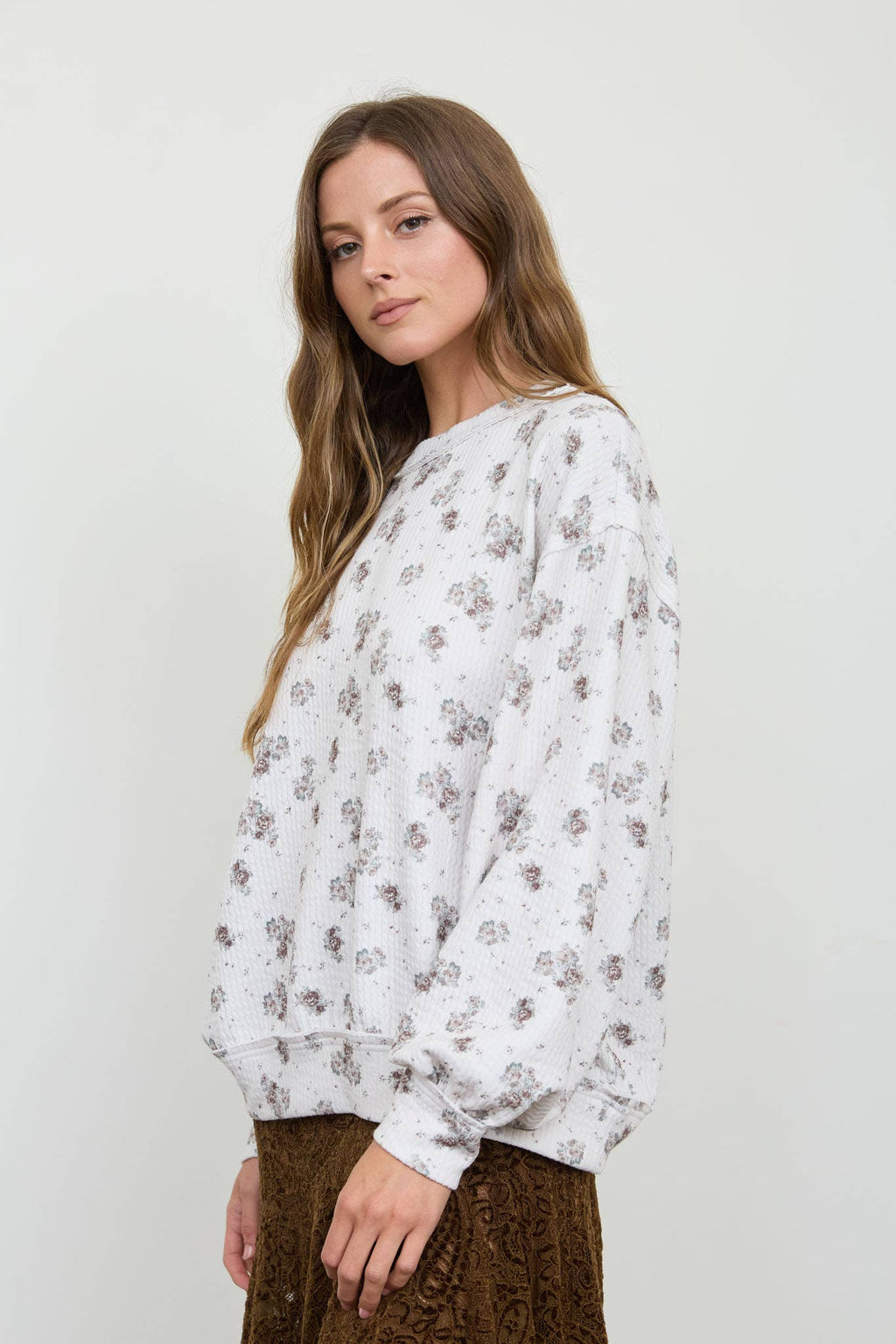 FLORAL DOT PRINT LONG SLEEVE TEXTURED KNIT TOP