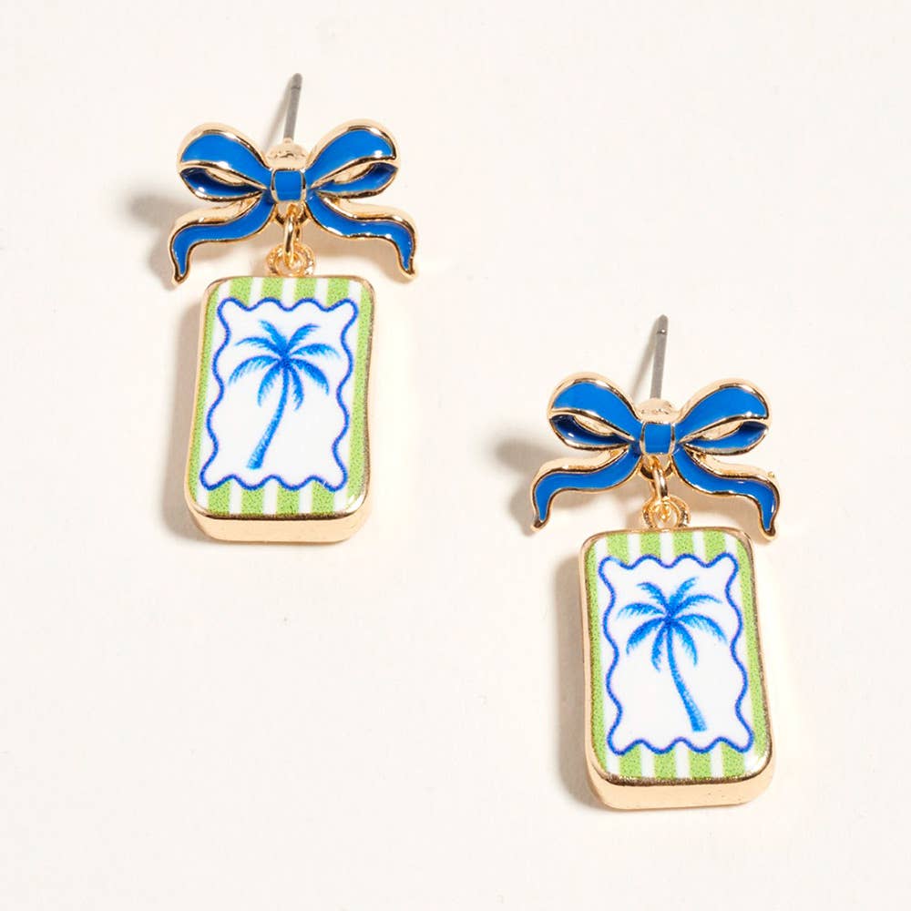 Bow Shell Print Square Frame Drop Earrings
