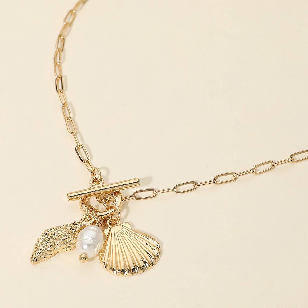 Seashell Pearl Charm Toggle Paperclip Chain Necklace