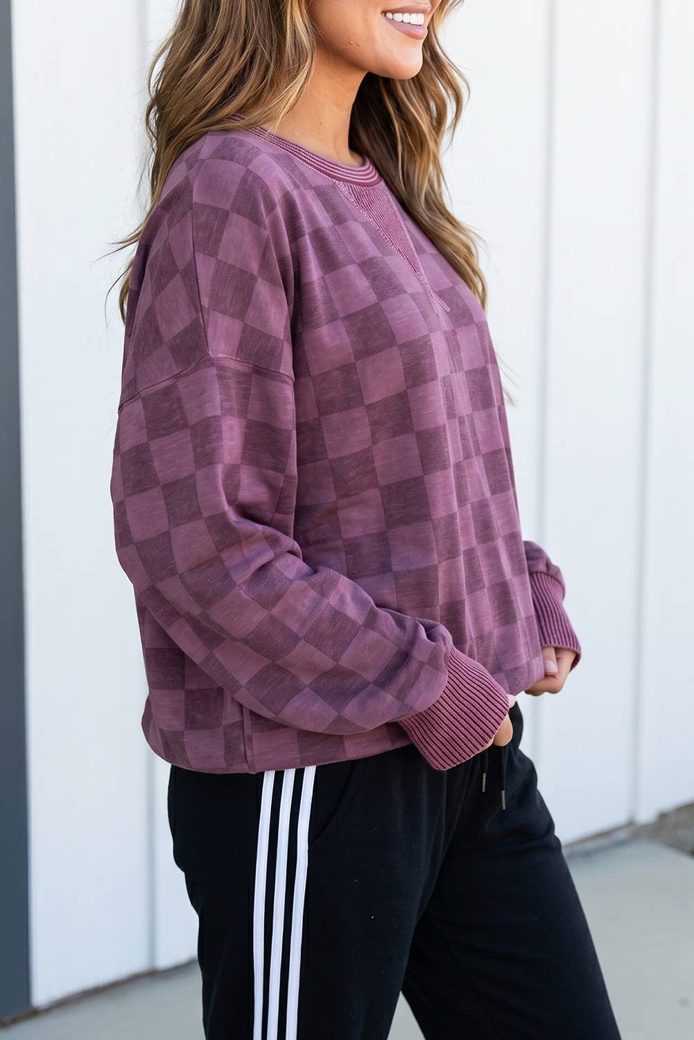 LAS Retro Checkered Patchwork Pullover Top (S-XL)