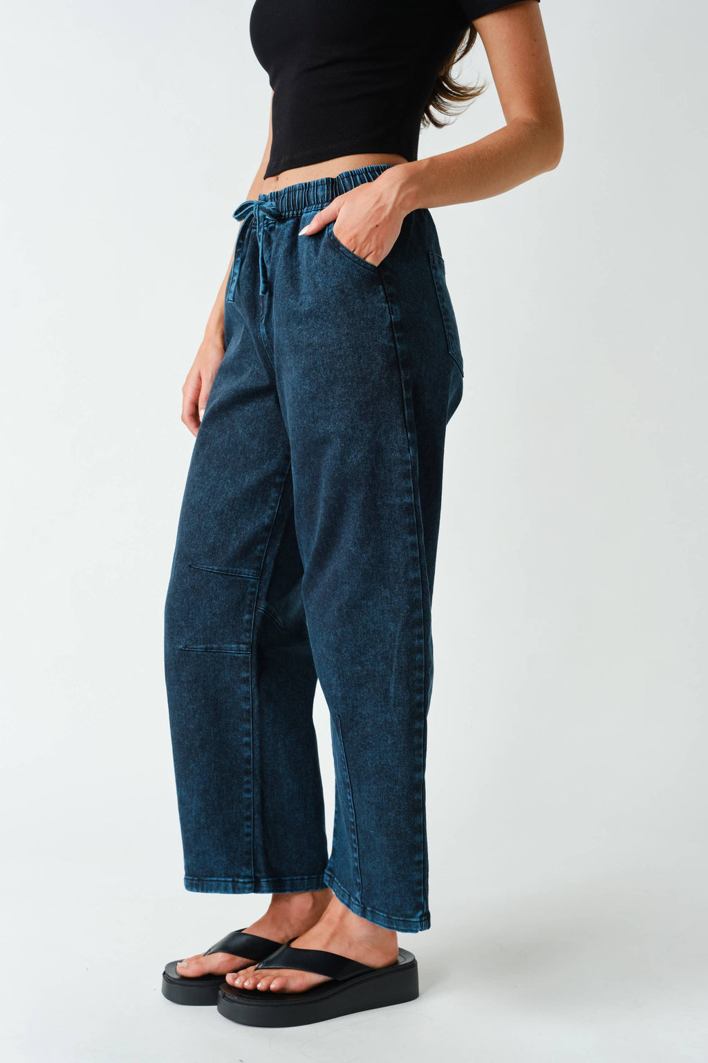 Denim Acid-Wash Drawstring Pull-On Pants
