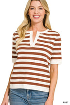 Split Neck Stripe Short Sleeve Sweater