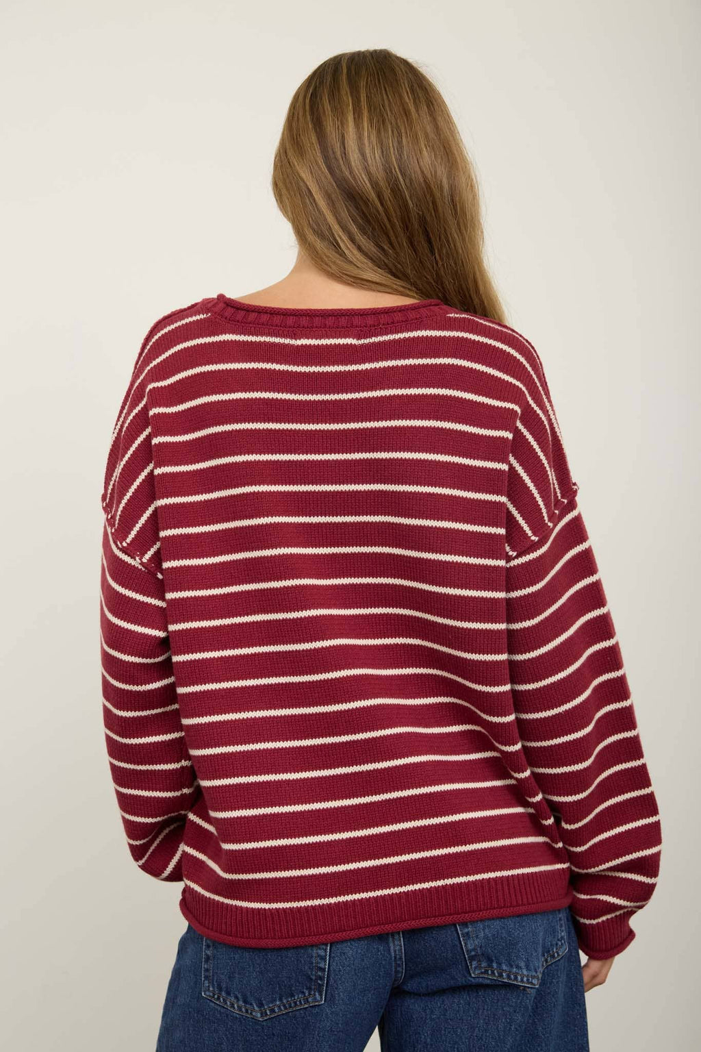 CREAM STRIPED DROP SHOULDER CREW NECK SWEATER