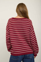 CREAM STRIPED DROP SHOULDER CREW NECK SWEATER
