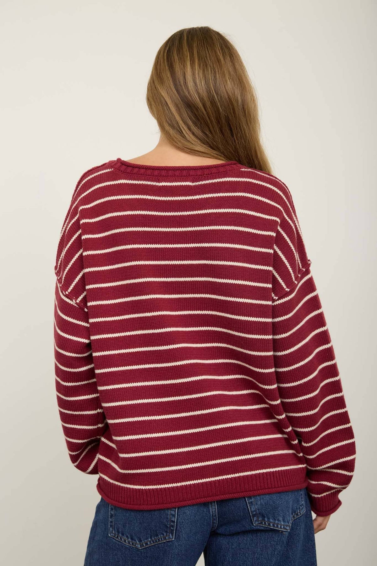 CREAM STRIPED DROP SHOULDER CREW NECK SWEATER