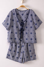 NT12482SET-Floral Embroidery Woven Top & Shorts Set