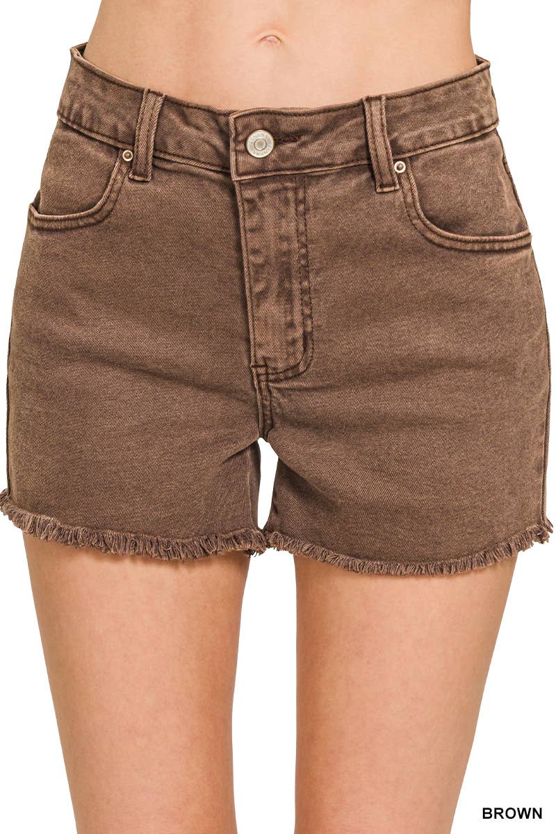Washed Fray Hem Cotton Denim Shorts - Zenana