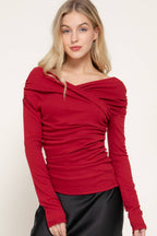 Long Sleeve Wrap Neckline Draped Detail Straight Knit Top