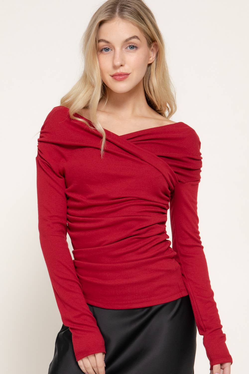 Long Sleeve Wrap Neckline Draped Detail Straight Knit Top