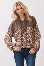Leopard Button Front Drawstring Hooded Sweatshirt