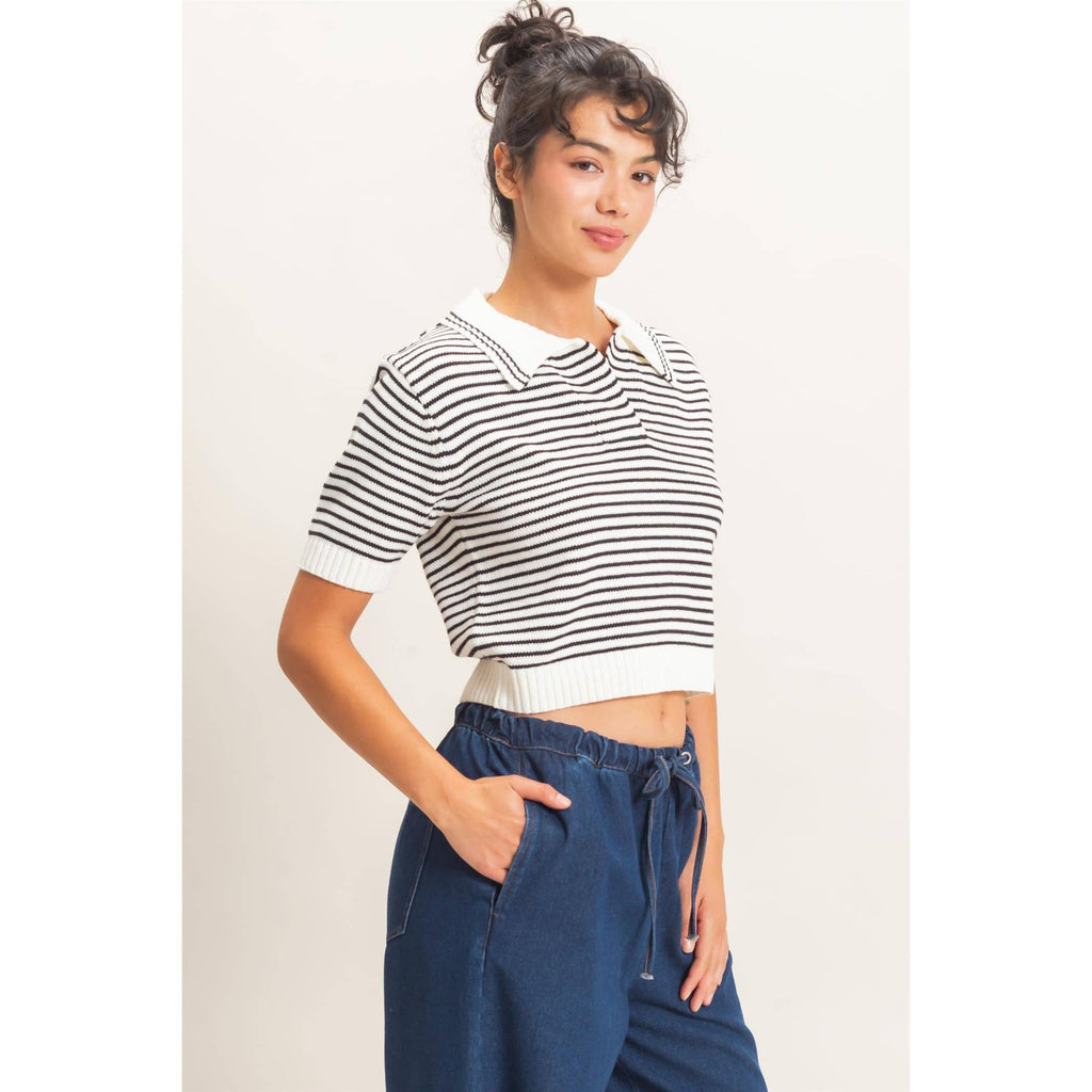 Striped Short Sleeve Collar Knit Top
