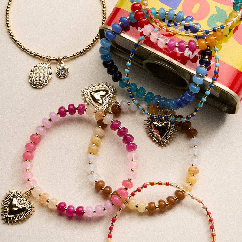 Beaded Heart Charm Stretch Bracelet Set | 3-Piece Layered Stack with Gold Accents