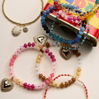 Beaded Heart Charm Stretch Bracelet Set | 3-Piece Layered Stack with Gold Accents