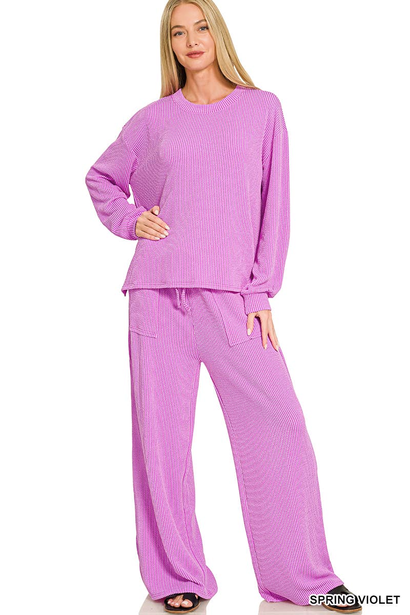Raised Rib Round Neck Pullover & Pants 2PC Set