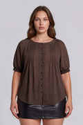 PLUS PINTUCK POLKA DOT BUTTON DOWN PUFF SLEEVE TOP