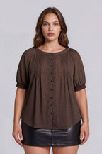 PLUS PINTUCK POLKA DOT BUTTON DOWN PUFF SLEEVE TOP