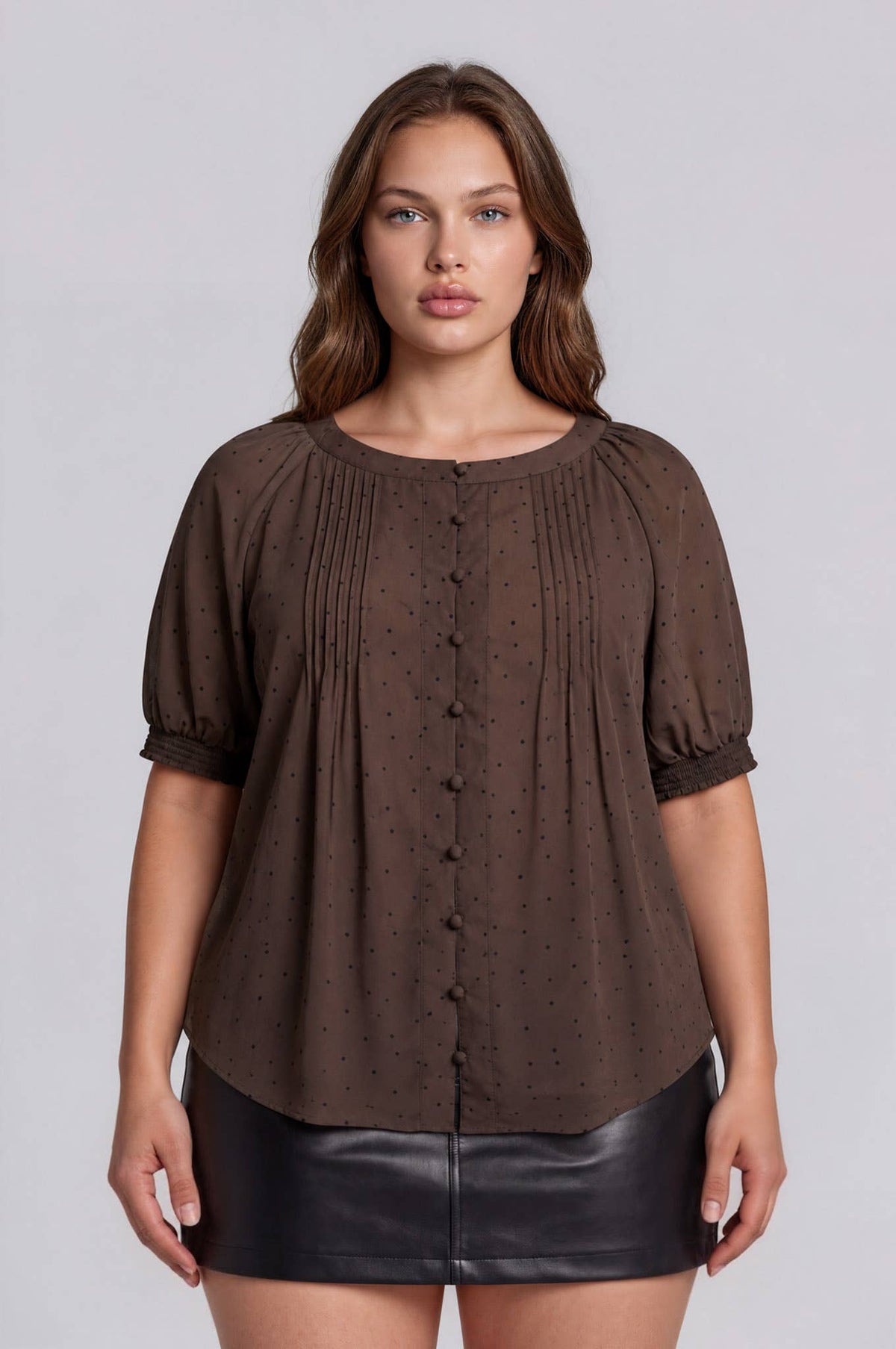 PLUS PINTUCK POLKA DOT BUTTON DOWN PUFF SLEEVE TOP