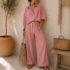Striped Button Down Shirt & Wide Leg Pants Set