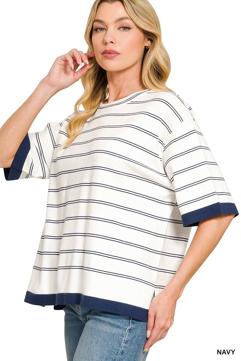 Oversized Viscose Stripe Short Sleeve Sweater