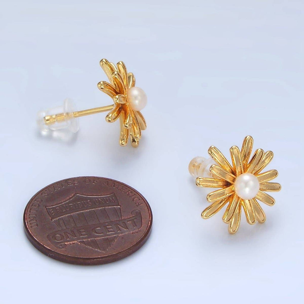 24K Gold Filled 15mm White Shell Pearl Sunflower Stud Earrings | P219